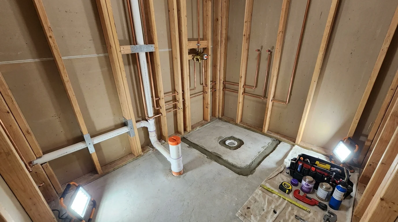 Bathroom rough-in plumbing during remodel by Johns Plumbing LLC in Celoron