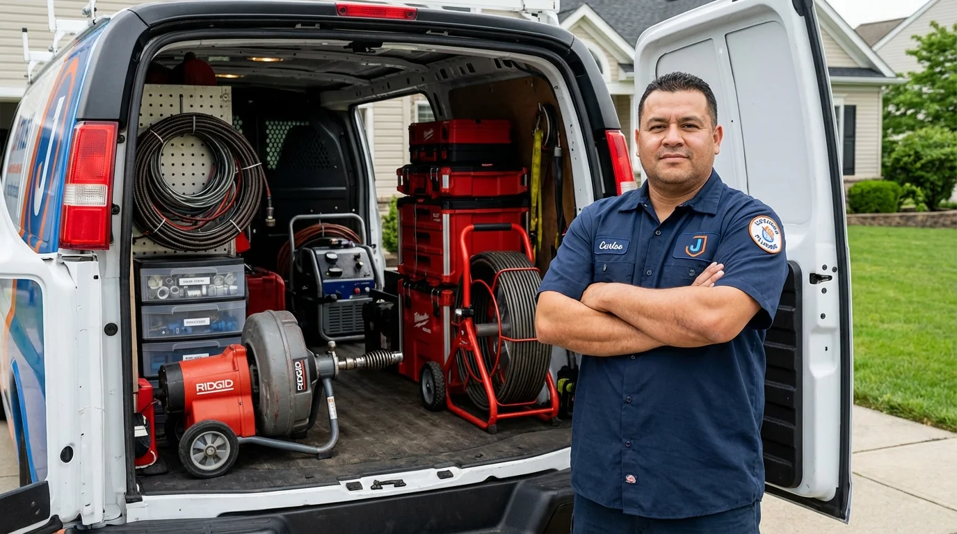 Professional drain cleaning equipment and Johns Plumbing LLC plumber in Celoron