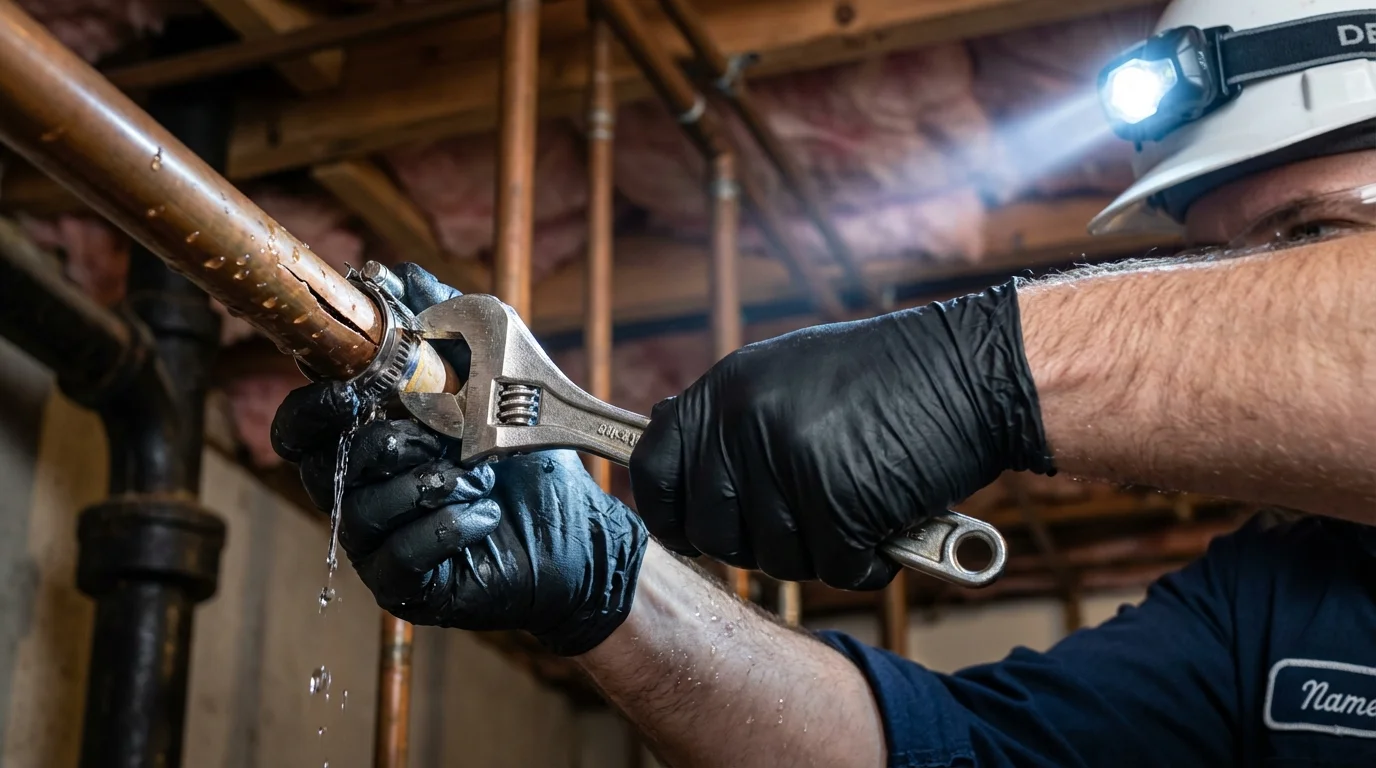 Emergency pipe clamp repair being performed by a Johns Plumbing LLC plumber in Celoron