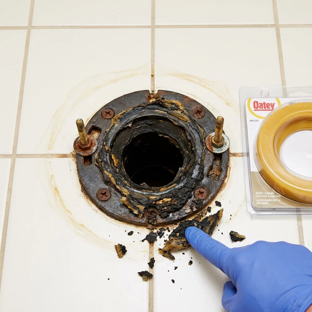 Failed wax ring showing water seepage at the base of a toilet in a Celoron, NY home