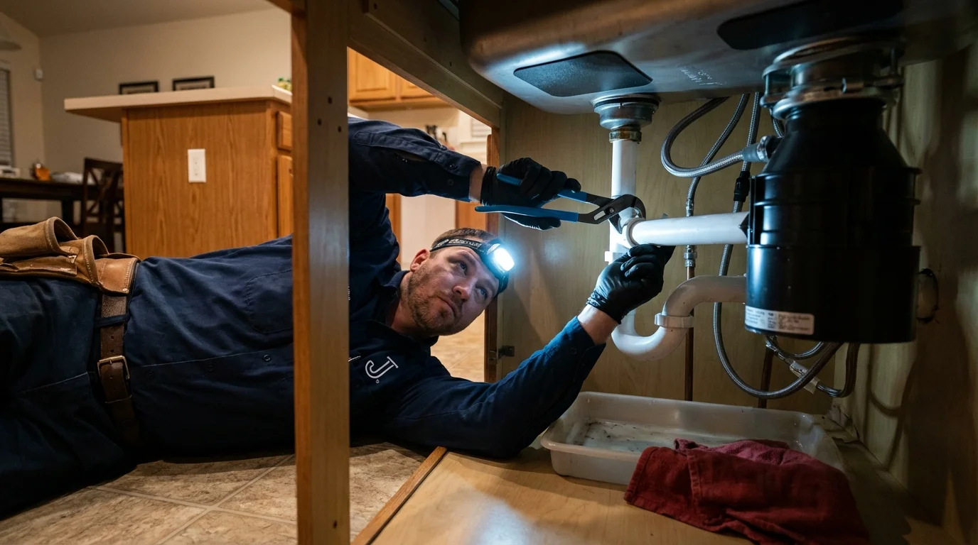 P-trap and supply line connections under a kitchen sink showing a common leak point in Celoron, NY